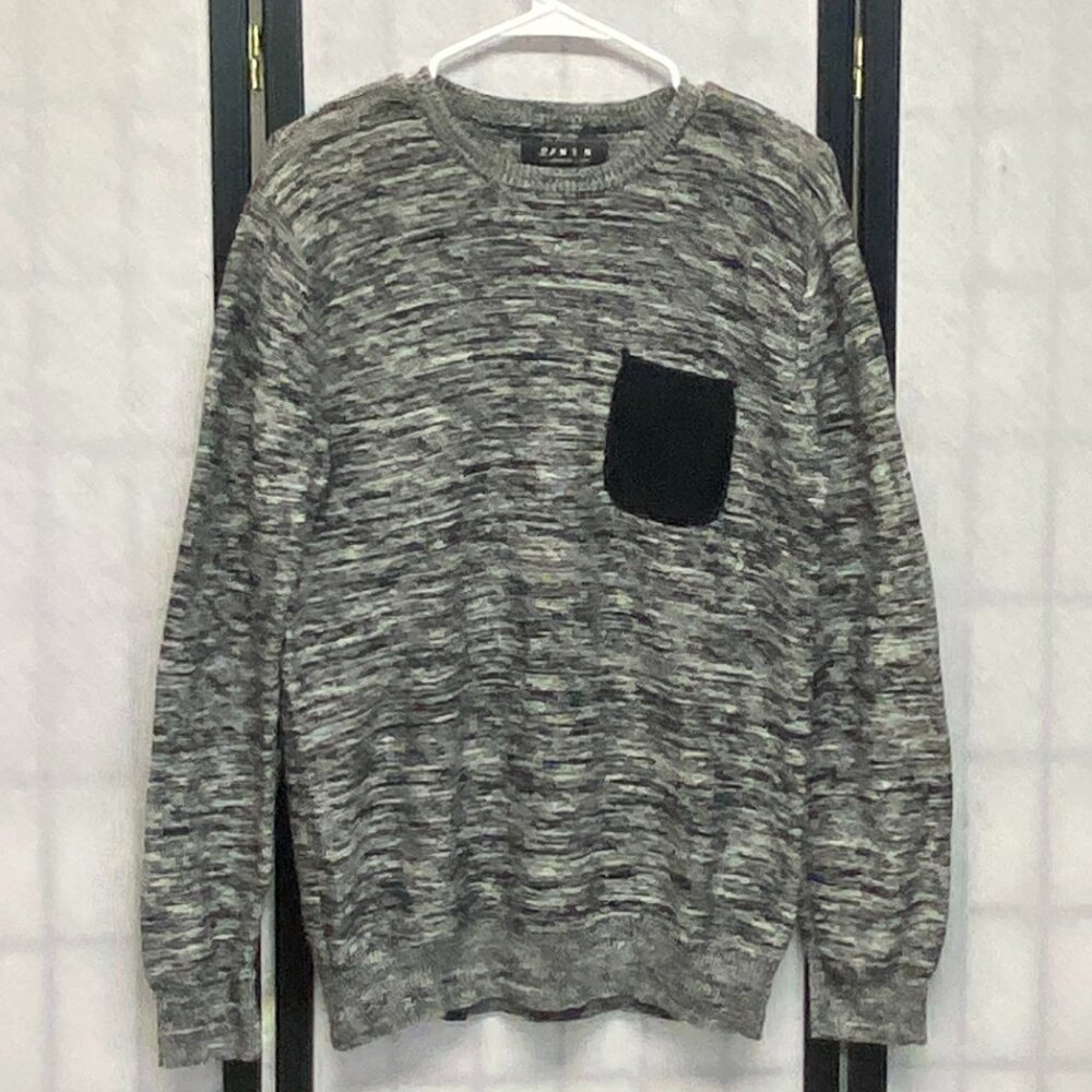 21Men Black White Marled Crew Neck Pullover Sweater L Black Pocket Long Sleeve